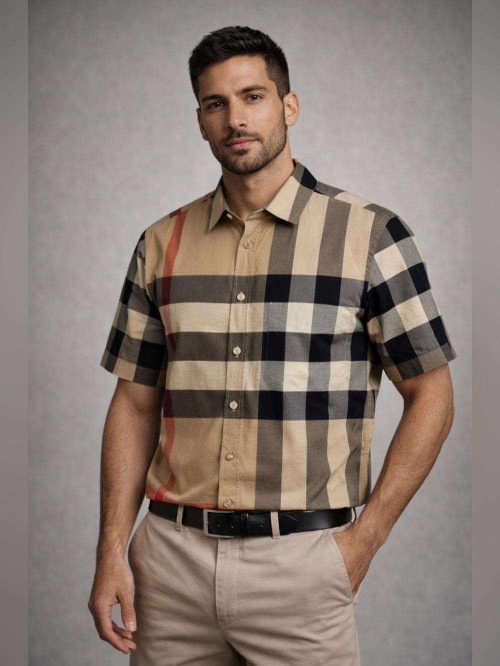 Burberry Nova Check Short Sleeve Button Up Shirt Size L Beige Plaid Cotton